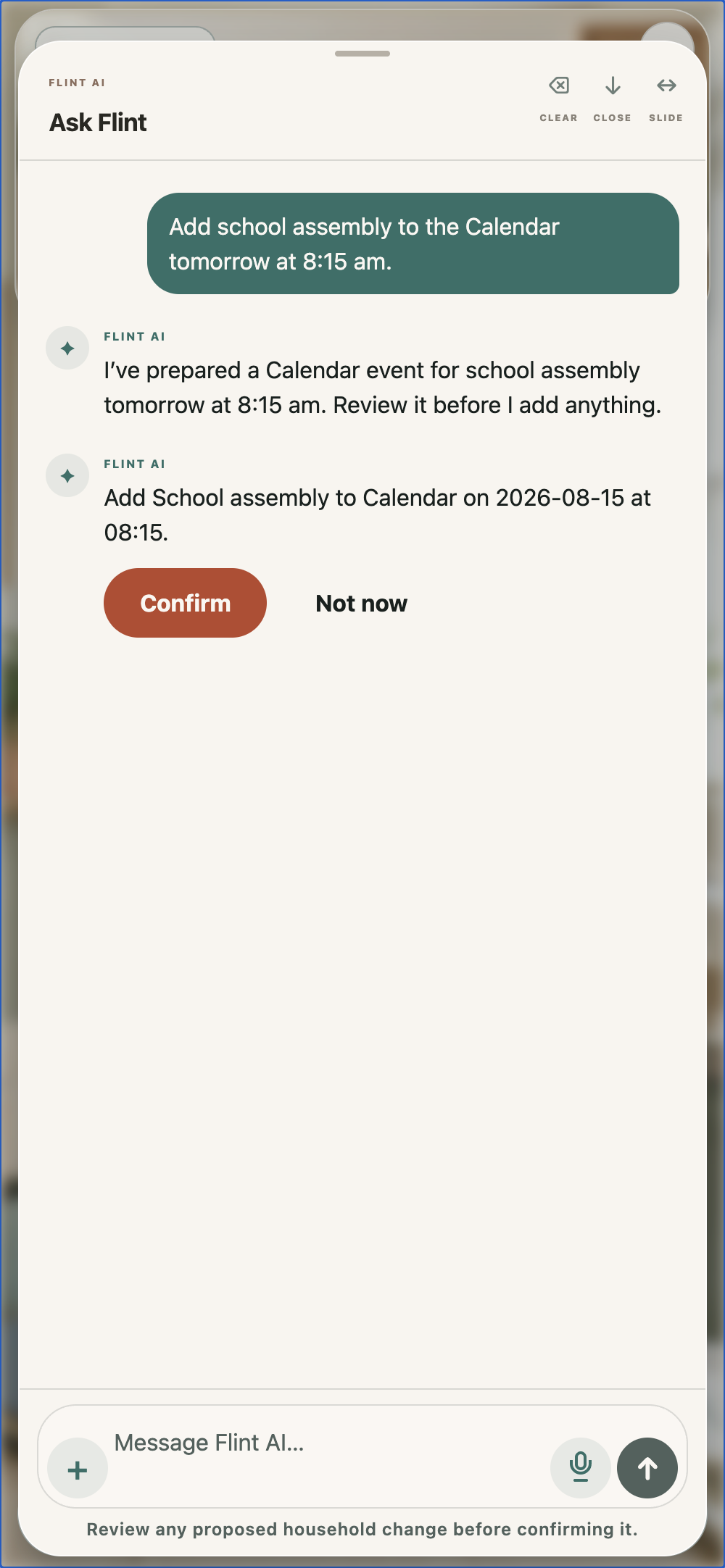 A fictional Ask Flint conversation preparing a school assembly Calendar event and waiting for adult confirmation.