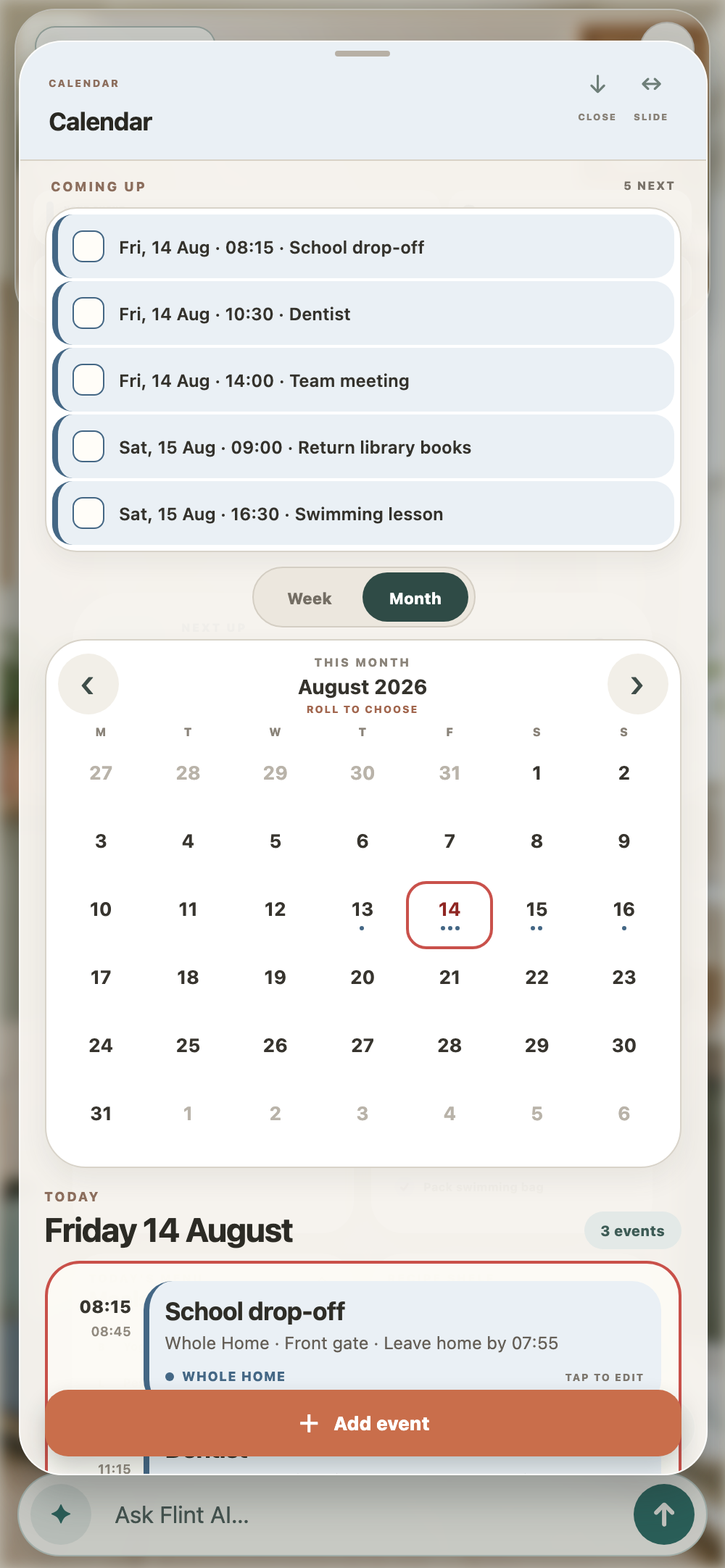 A fictional Marlow family account showing the shared Calendar in month view in Flint Families.