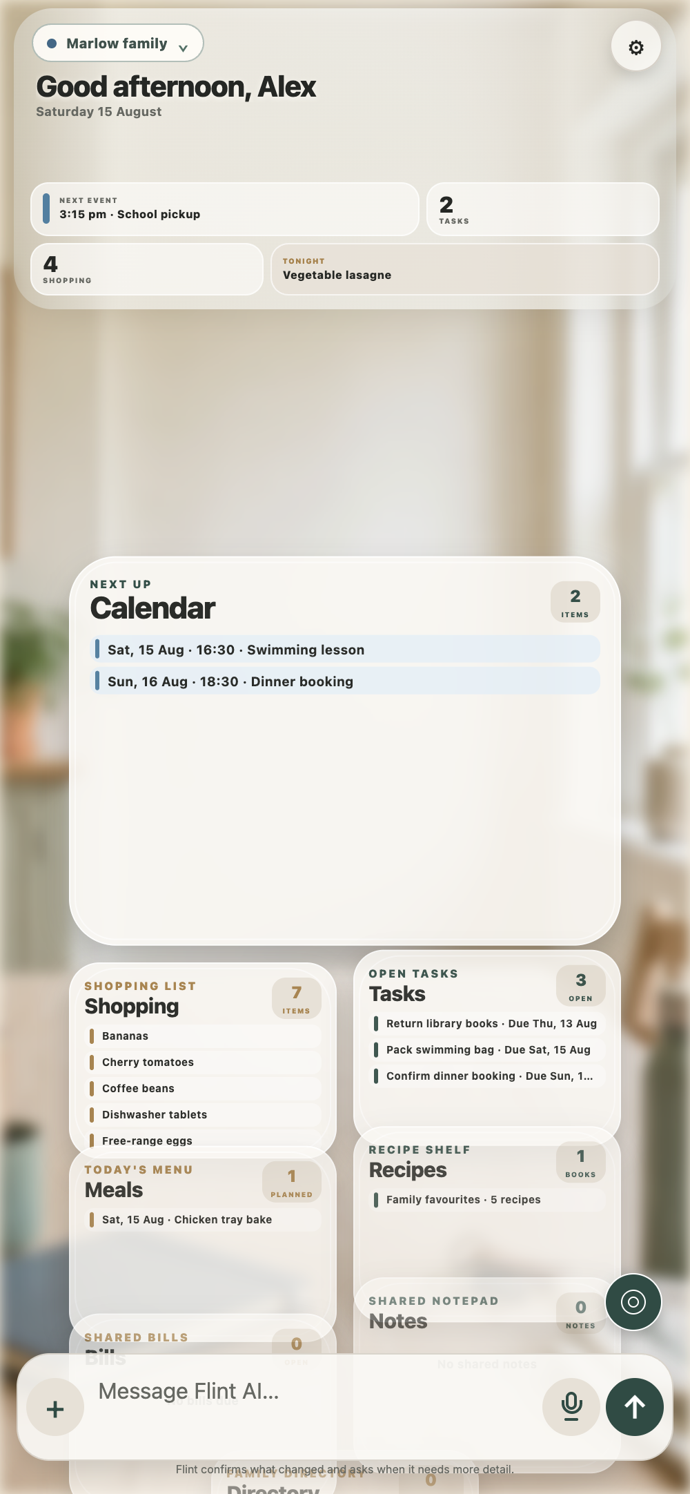 A fictional Marlow family Home showing Calendar, Tasks, Shopping and Meals together.
