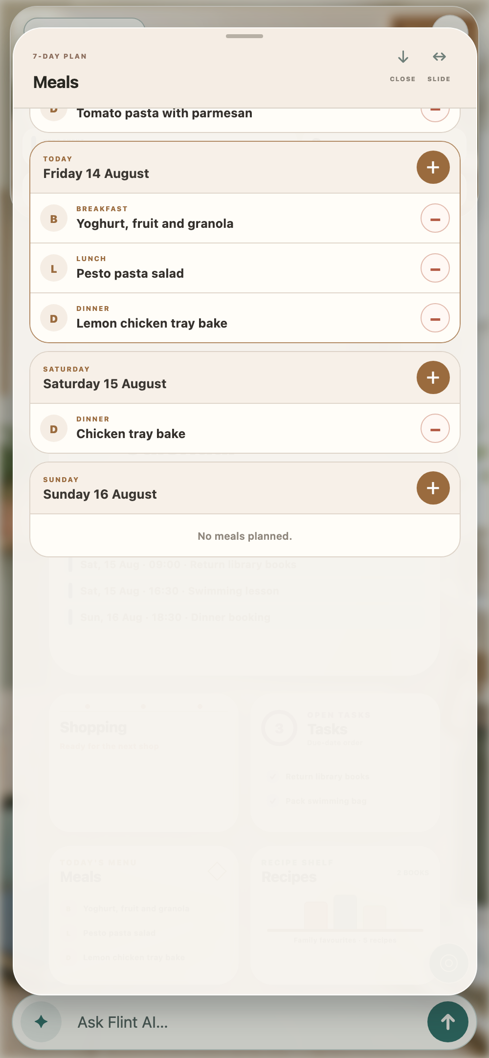 A fictional Marlow family account showing breakfast, lunch and dinner planned for Friday in Flint Families.