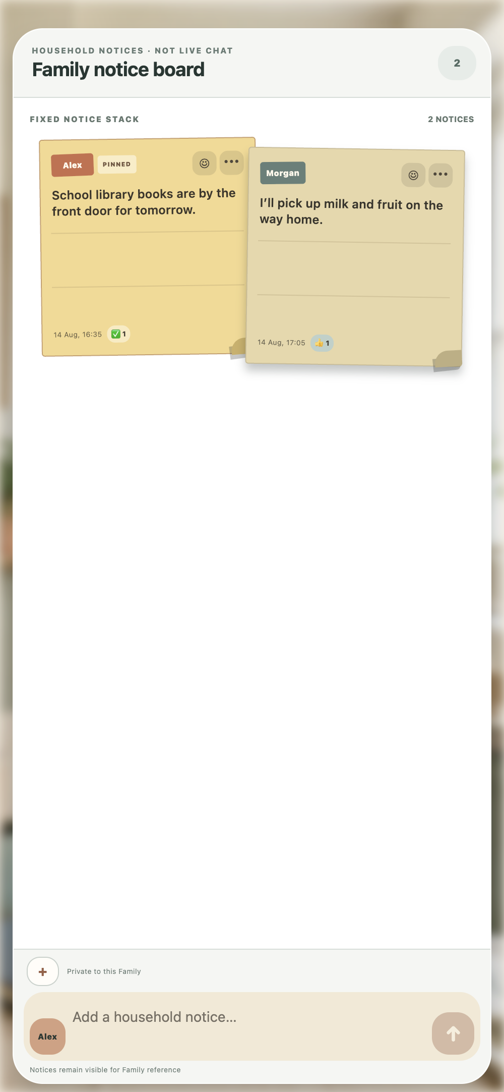 A fictional Marlow family account showing two private household updates on the Flint Families Notice Board.