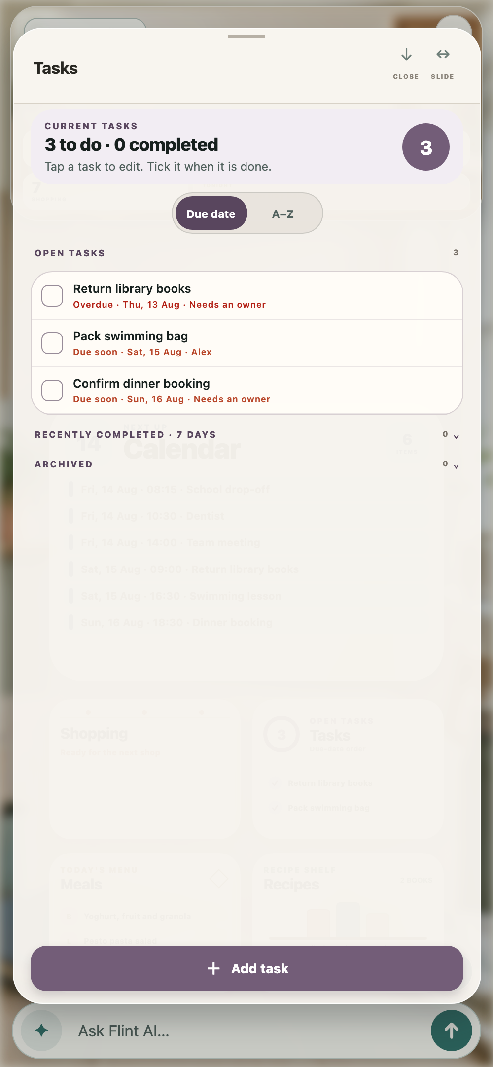 A fictional Marlow family account showing three current household Tasks in Flint Families.