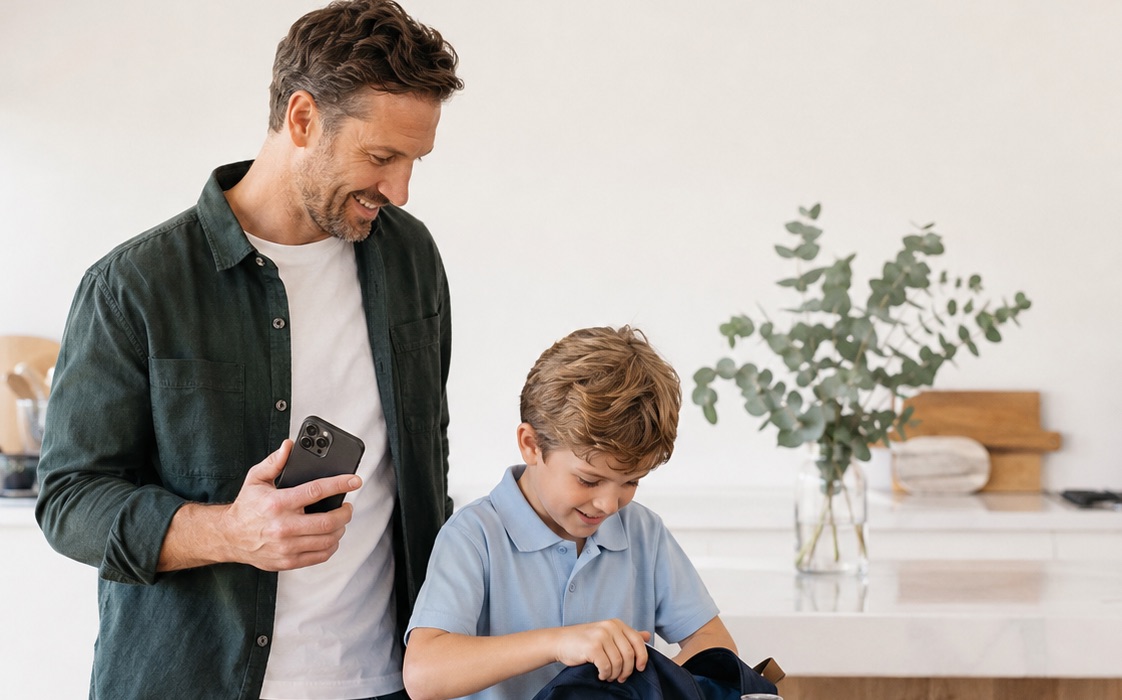 A father and son check the school-day details while packing a backpack.