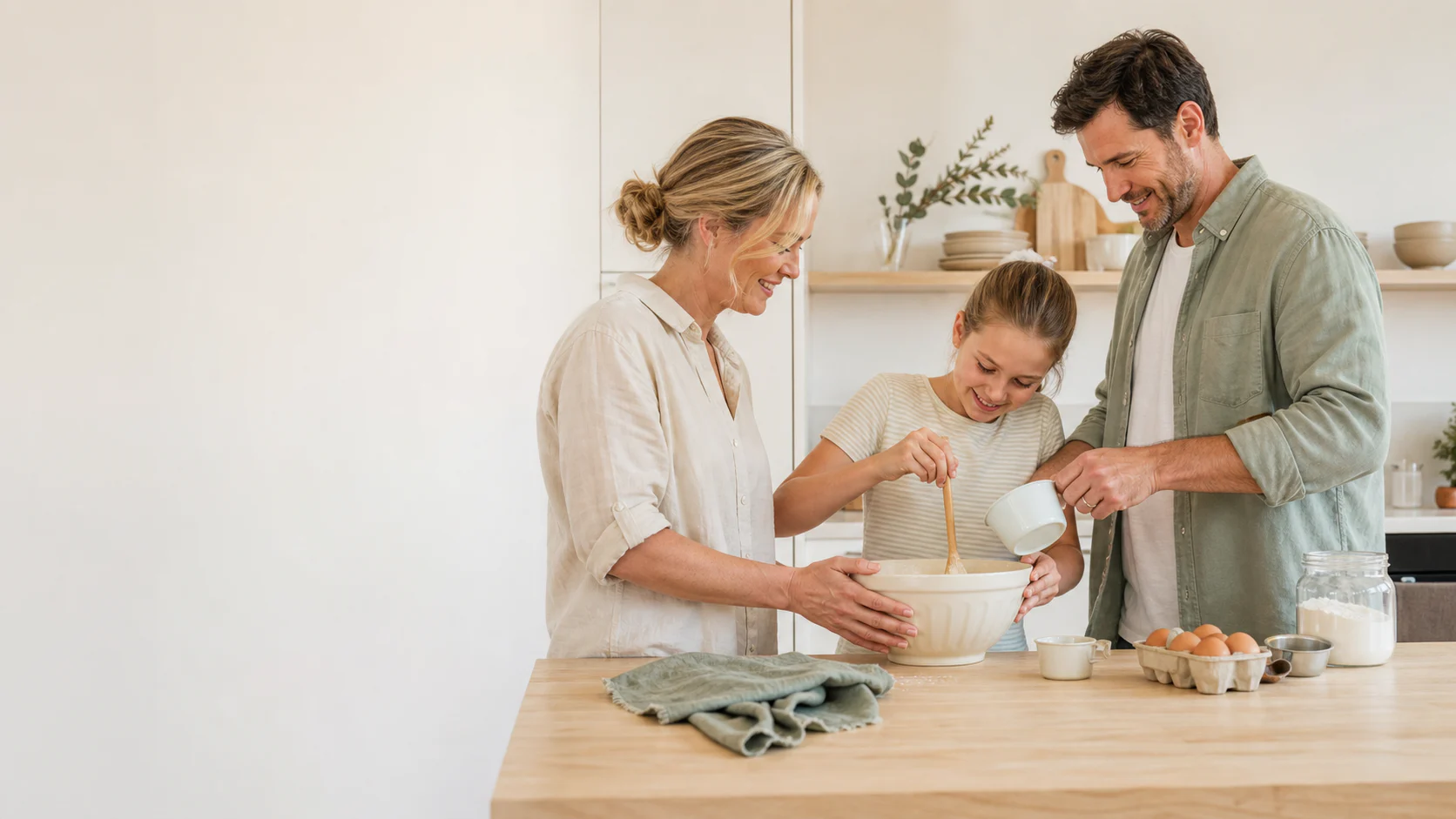 Two parents and their daughter bake together in a bright family kitchen.