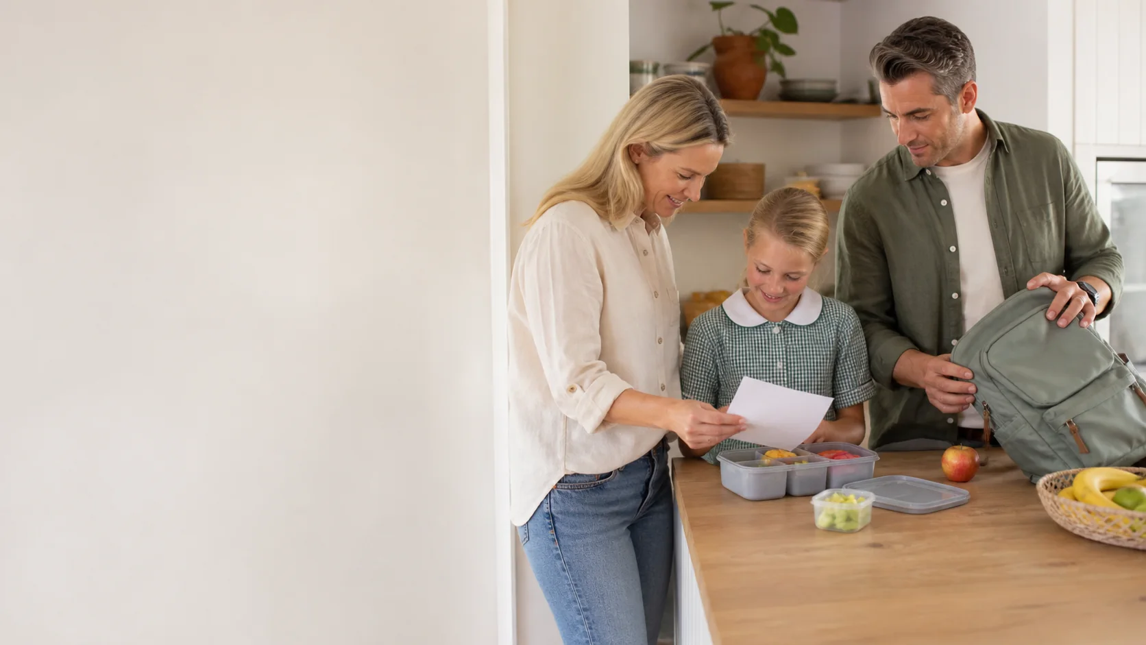 Two parents and their daughter coordinate a school note, lunchbox and backpack in a bright family kitchen.