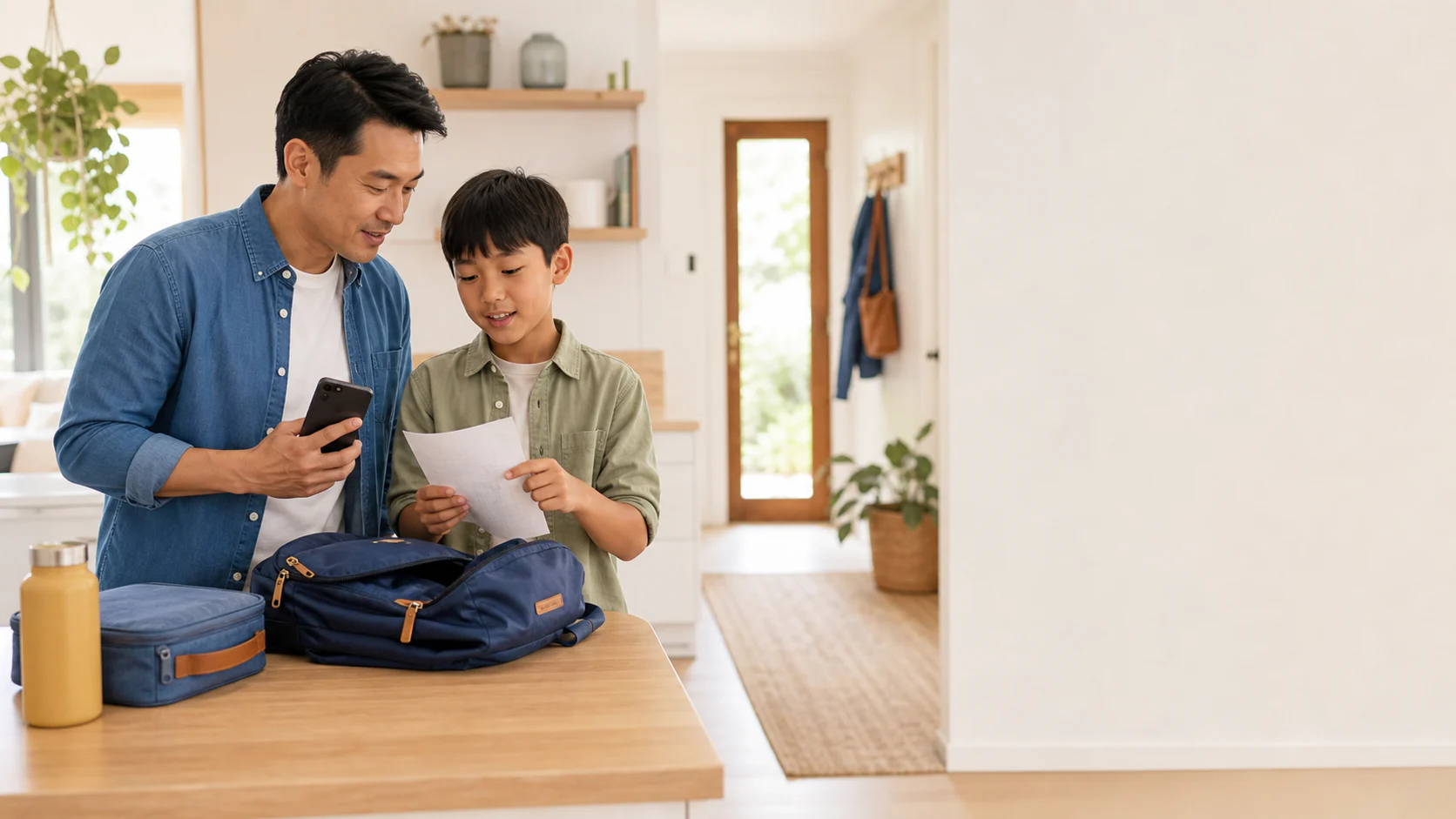 A father and son review a school note while packing a backpack and lunchbox.