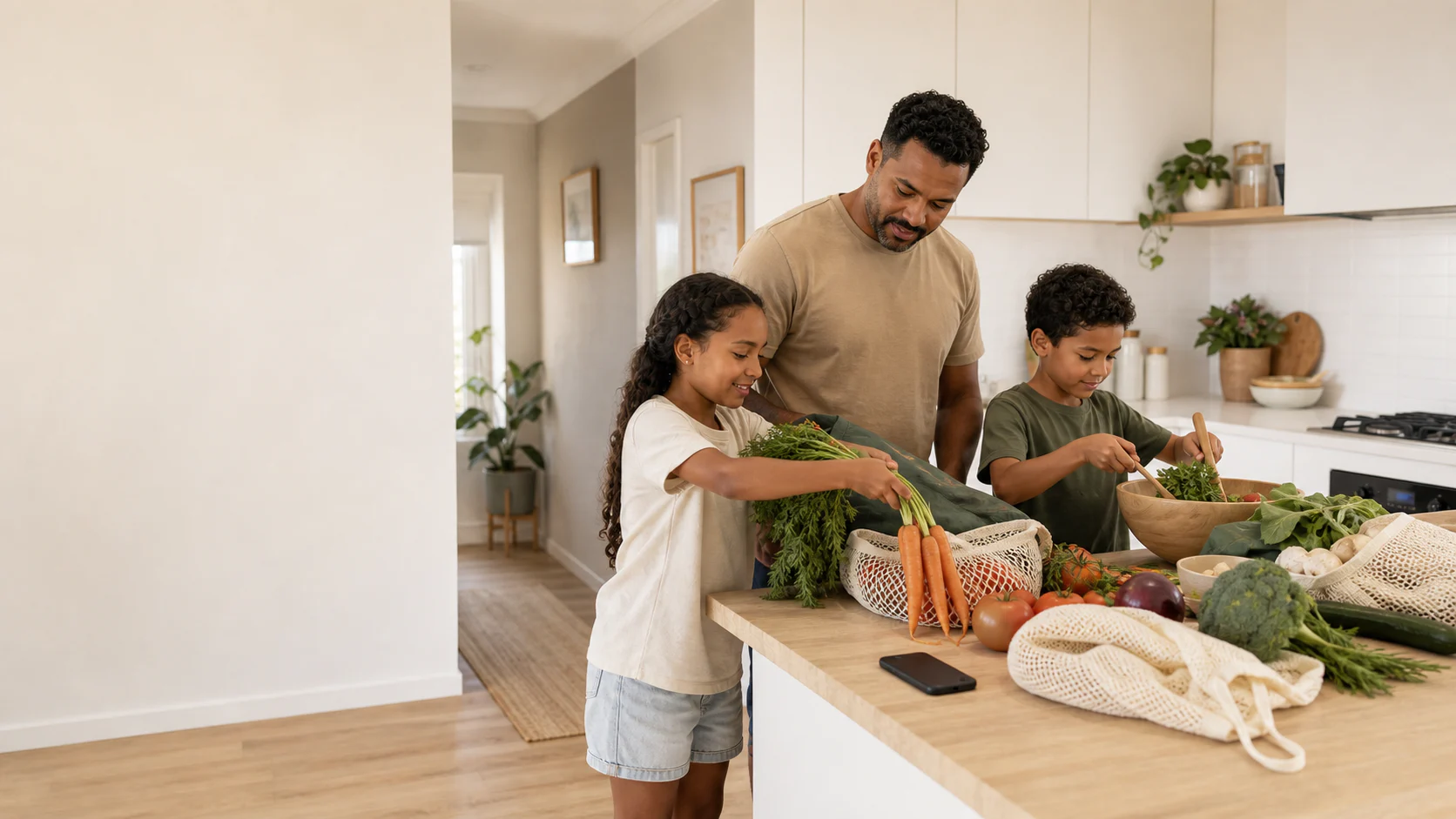 A father and two children unpack vegetables and prepare a meal together.
